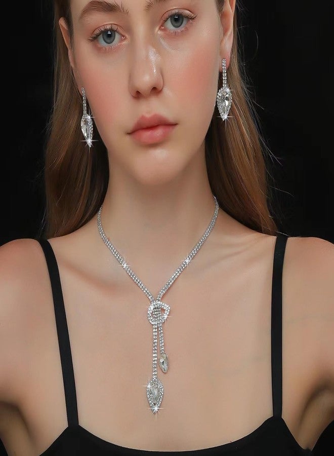 MarveBard Sparkling Bridal Wedding Jewelry for Women Set Crystal Y-Necklace Tassel Necklace Rhinestone Teardrop Dangle Drop Earrings Elegant Bride Necklaces Earring Set Brides Bridesmaids Weddings Party Prom Jewelry (White) - Image 3
